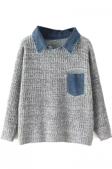 Lapel Long Sleeve Pocket Patchwork Sweater