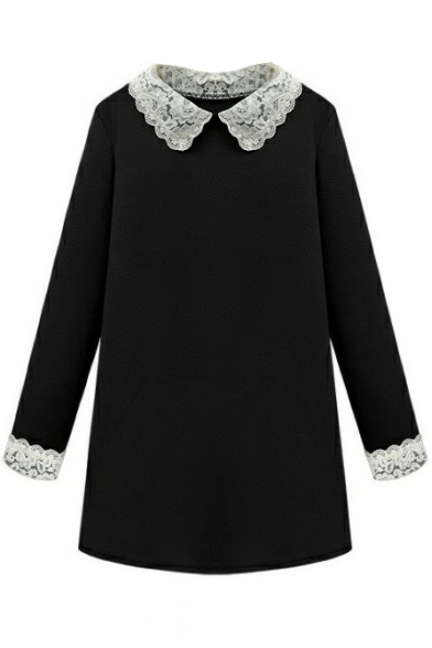 Lapel Long Sleeve Shift Black Lace Detail Dress