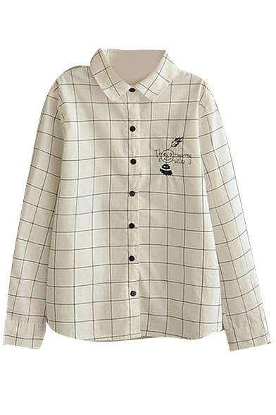 Plaid Lapel Embroidery Long Sleeve Shirt