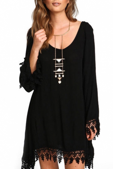 Scoop Neck Long Sleeve Black Lace Hem Dress