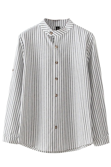 Stand Up Neck Button Down Long Sleeve Stripes Shirt