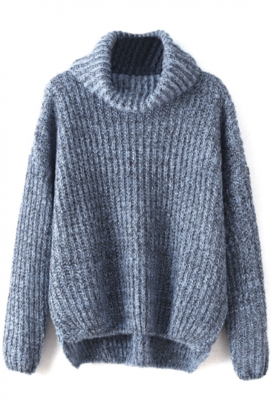 Turtleneck Long Sleeve Plain Dip Hem Sweater