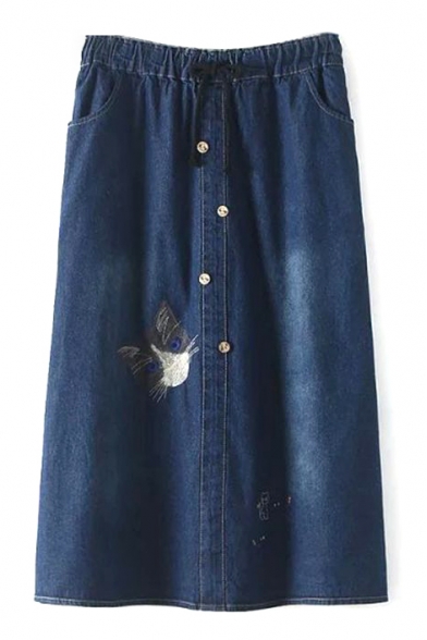 Drawstring Waist Maxi Button Detail Embroidery Denim Skirt