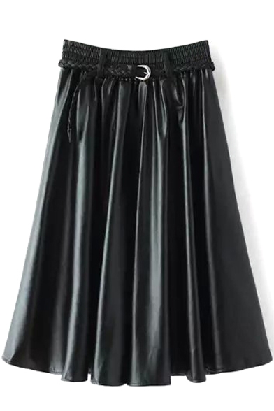 Elastic Waist Maxi A-Ling PU Plain Skirt - Beautifulhalo.com