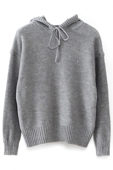 Gray Long Sleeve Hooded Drawstring Sweater