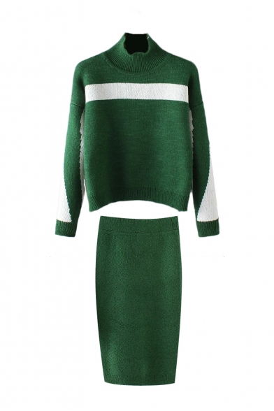 High Neck Color Block Knit Top with Bodycon Midi Knit Skirt