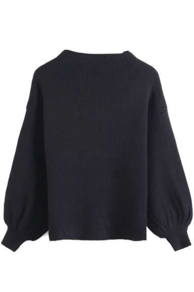 High Neck Long Sleeve Elastic Wrist Plain Sweater