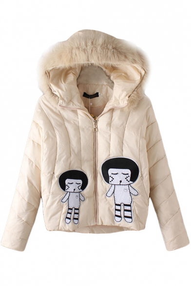 Hooded Cartoon Embroidery Patchwork Cropped Padded Coat