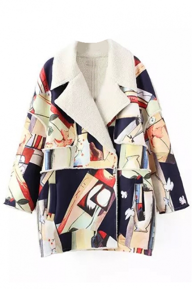 Notched Lapel Long Sleeve Print Single Breasted Coat