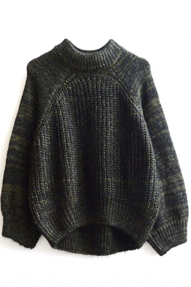 Round Neck Long Raglan Sleeve Plain Loose Sweater
