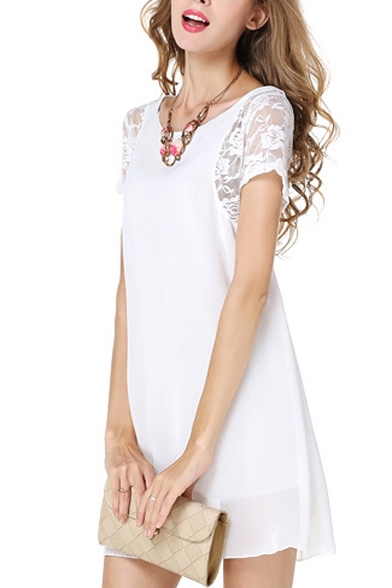 Scoop Neck Short Sleeve Lace Detail Chiffon Dress