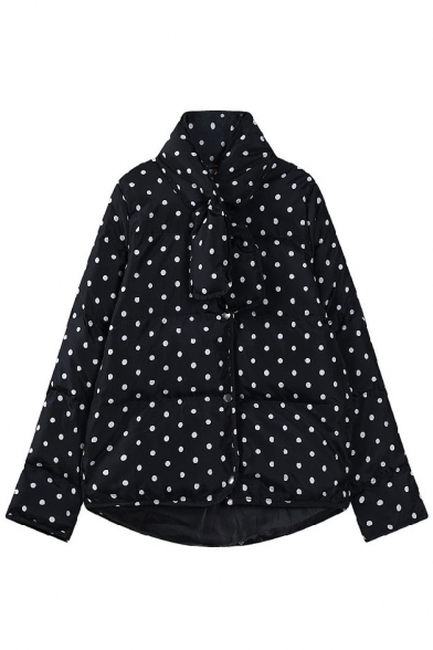 Single Breasted Polka Dot Black Long Padded Coat with Scarf