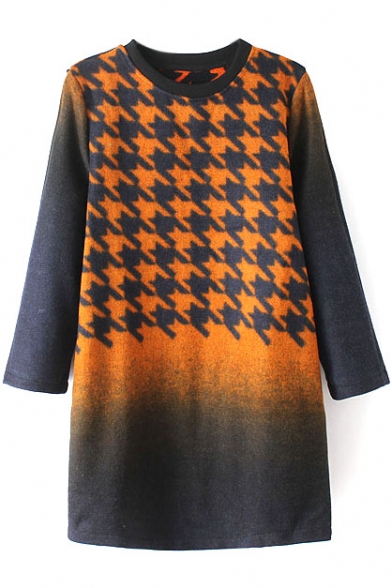 Houndstooth Print Ombre Twwed Shift Long Sleeve Dress