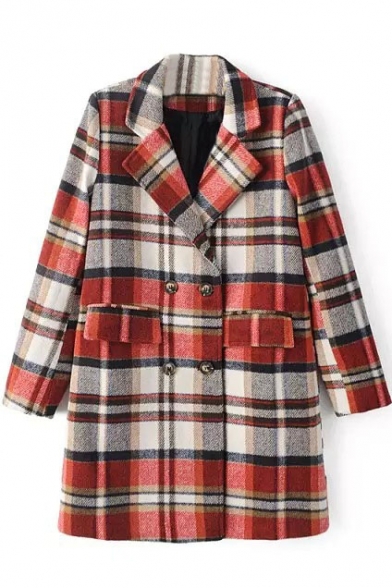 Plaid Double Breasted Notched Lapel Tweed Coat