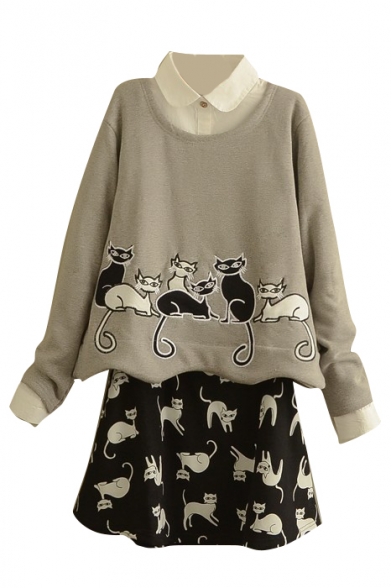 Round Neck Cat Embroidery Long Sleeve Top with Mini Skirt
