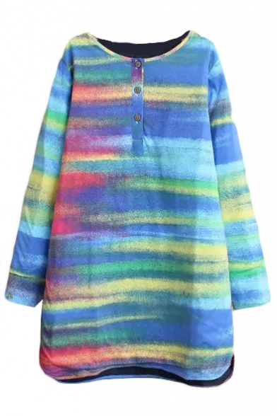 Round Neck Long Sleeve Button Detail Ombre Dress