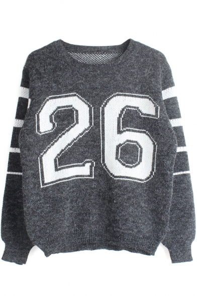 Round Neck Long Sleeve Letter Print Stripe Trims Sweater