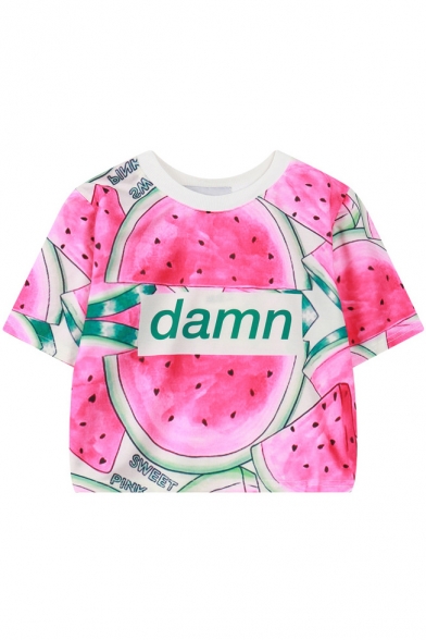 Watermelon Print Round Neck Long Sleeve Cropped Tee