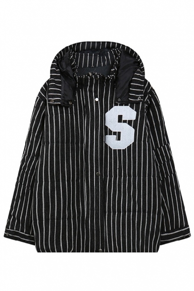 Zipper Long Sleeve Hooded Stripes Letter Embroidery Coat