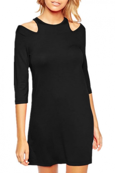 Round Neck Cold Shoulder 3/4 Length Sleeve Black Dress
