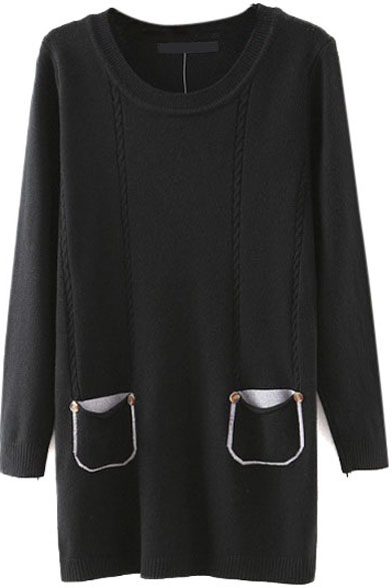 Round Neck Long Sleeve Double Pockets Long Sweater