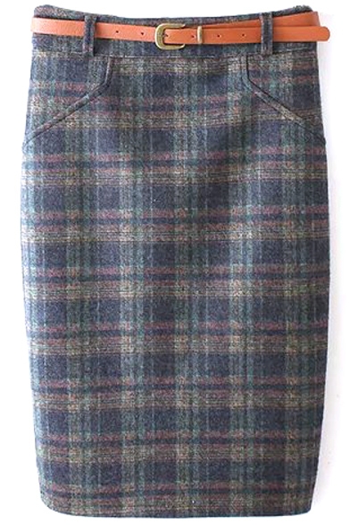 Zip Back Tube Plaid Midi Tweed Skirt with Belt