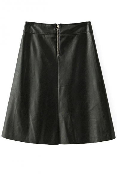 Zipper Back Double Pockets Midi PU Skirt - Beautifulhalo.com
