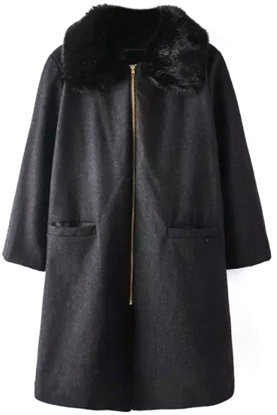 Fur Lapel Zipper Plain Double Pockets Long Tweed Coat