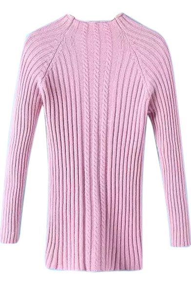 High Neck Cable Knit Bodycon Plain Long Sleeve Sweater