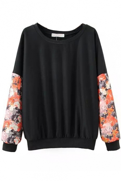 Round Neck Long Sleeve Floral Print Sweatshirt