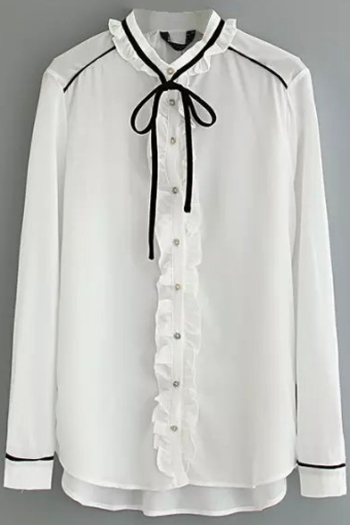 Tie Neck Ruffle Hem Long Sleeve Button Down Shirt - Beautifulhalo.com