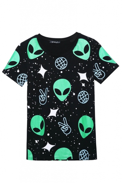 Black Cartoon Alien Print Short Sleeve T-Shirt