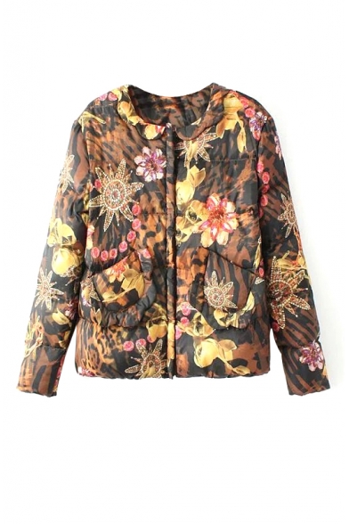 Doll Collar Floral Print Double Pockets Padded Coat