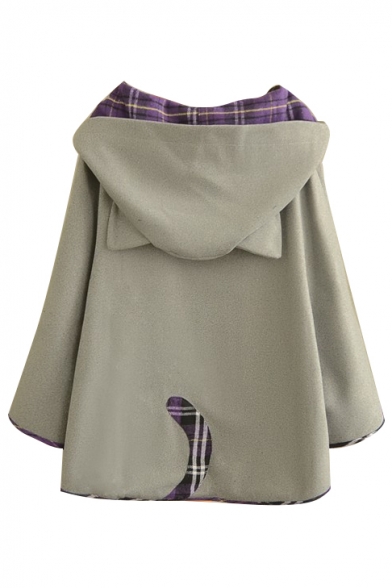 Hooded Button Down Tweed Plaid Lining Cute Patchwork Cape