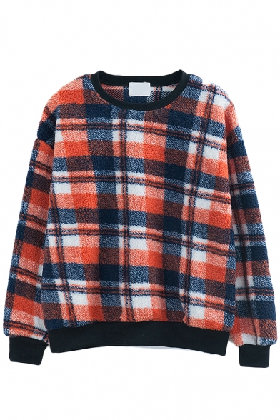 Lamb Wool Plaid Long Sleeve Round Neck Sweatshirt