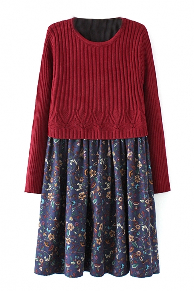 Round Neck Long Sleeve Patchwork Knit Midi Dress