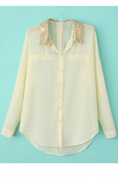 Sequined Lapel Button Down Long Sleeve Shirt