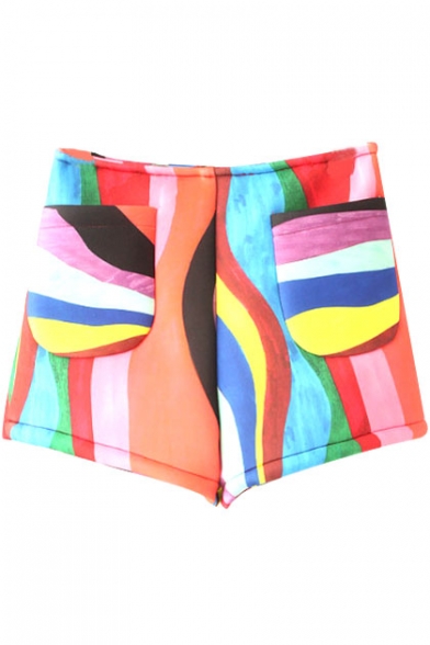 Rainbow Color Print Double Pockets Loose Shorts