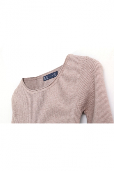 Round Neck Long Sleeve Plain Bodycon Sweater