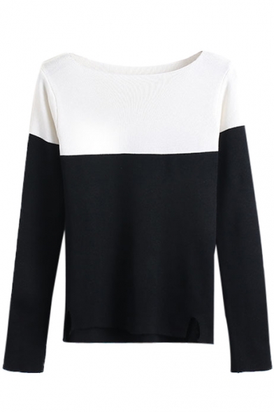 Boat Neck Long Sleeve Color Block Sweater