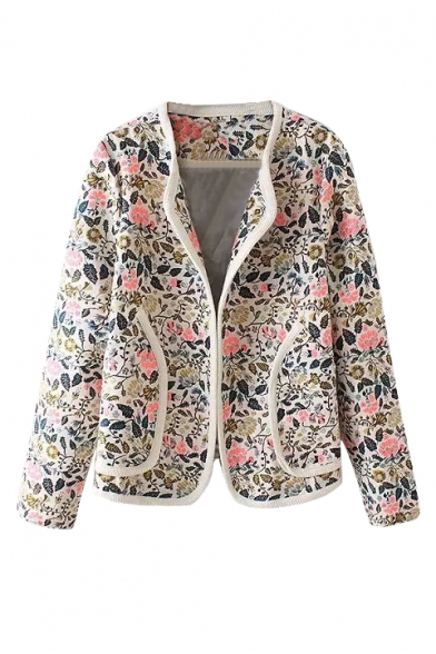 Collarless Floral Print Long Sleeve Open Front Coat