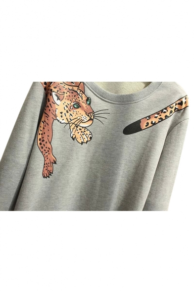 Cropped Tiger Print Round Neck Long Sleeve Sweatshirt