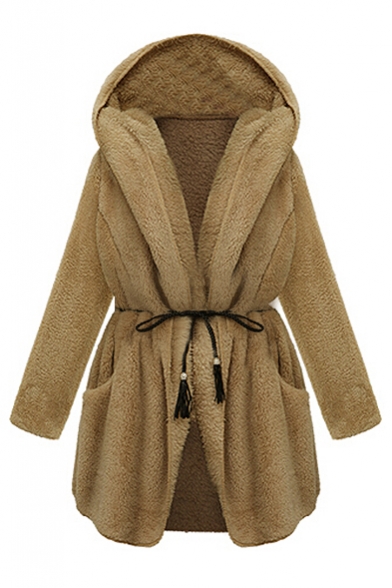 Open Front Long Sleeve Hooded Faux Fur Coat
