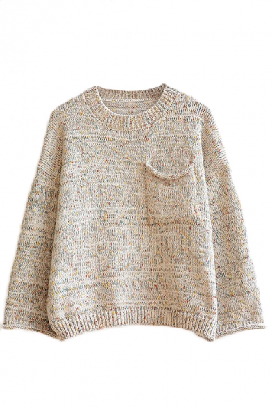 Single Pocket Round Neck Long Sleeve Plain Sweater