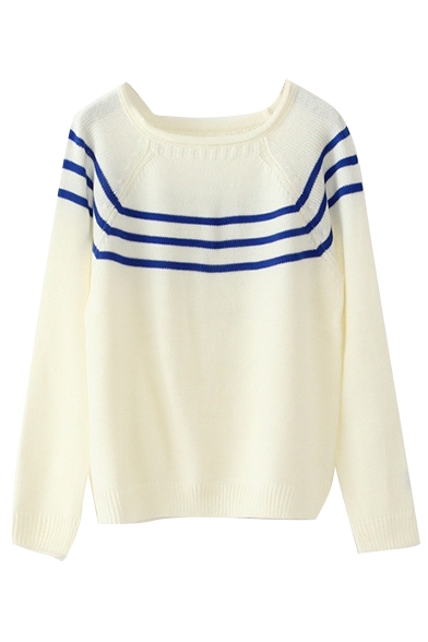 Square Neck Long Sleeve Stripe Trims Sweater