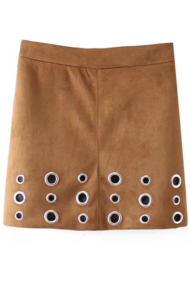 Suede Metallic Eyelet Detail Plain Zip Back Skirt