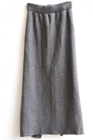 Elastic Waist Zipper Detail Split Hem Plain Skirt