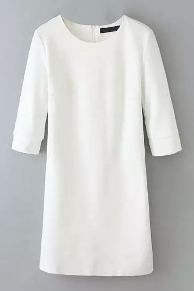 Half Sleeve Zip Back White Shift Midi Plain Dress