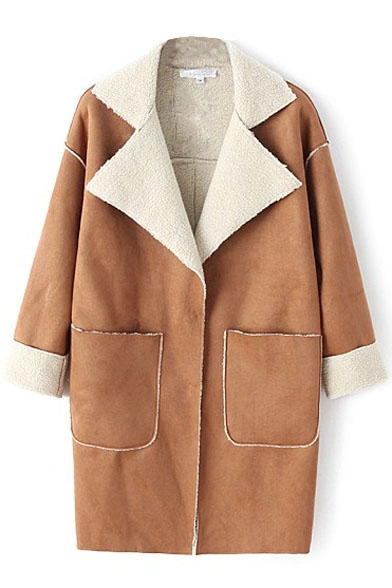 Lamb Wool Lining Notched Lapel Suede Double Pockets Coat