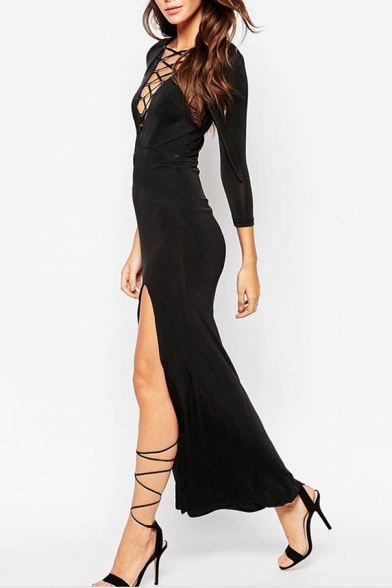 Long Sleeve Cross Tie Front Black Maxi Dress - Beautifulhalo.com